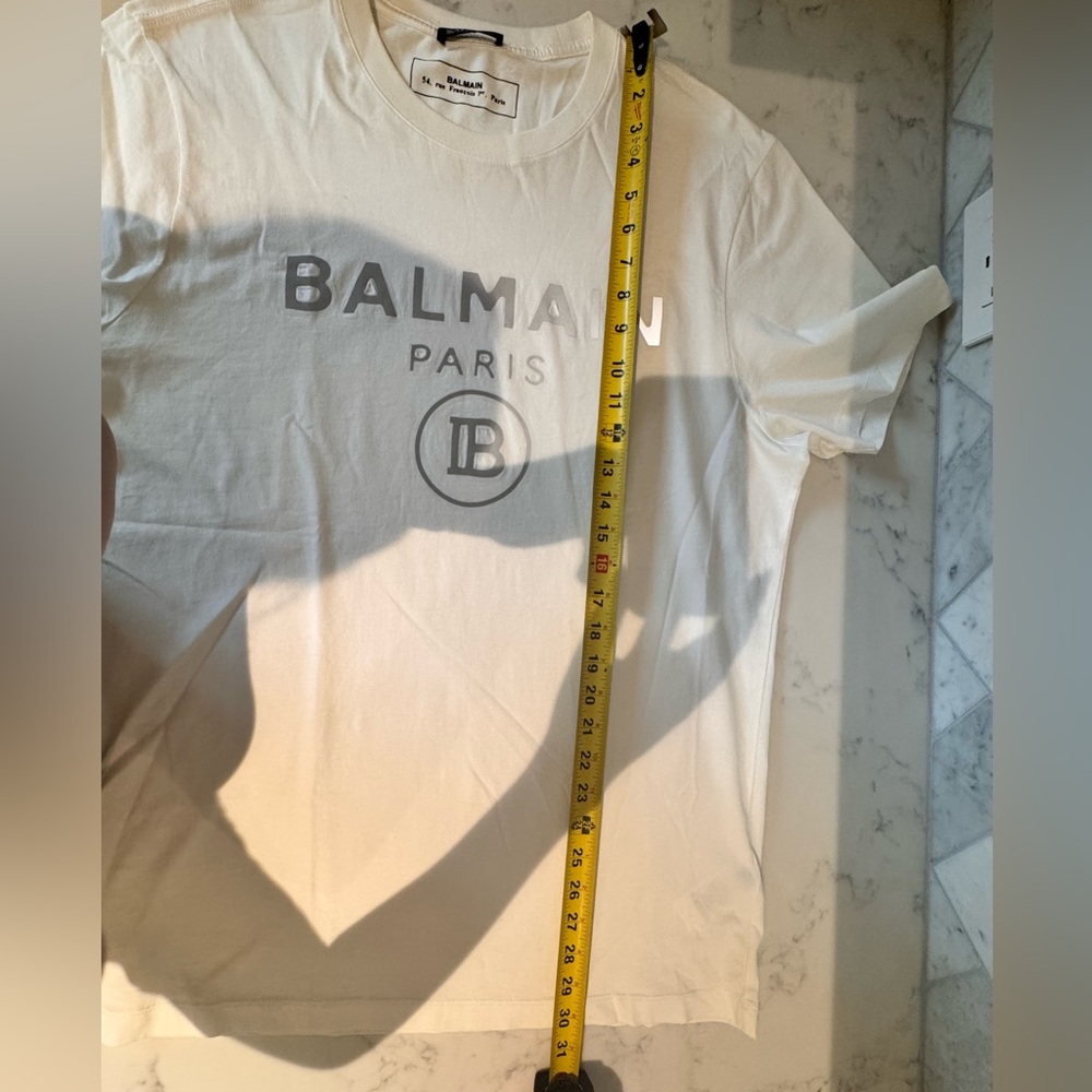 Balmain White Short Sleeve Logo Tee with Gray Print - Picture 5 of 5